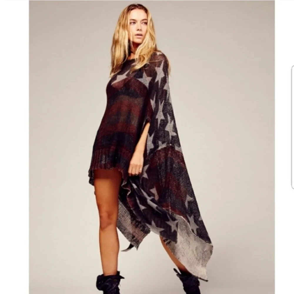 Super Rare Free People Broad Stripes and Bright Stars Poncho OS - Picture 2 of 12